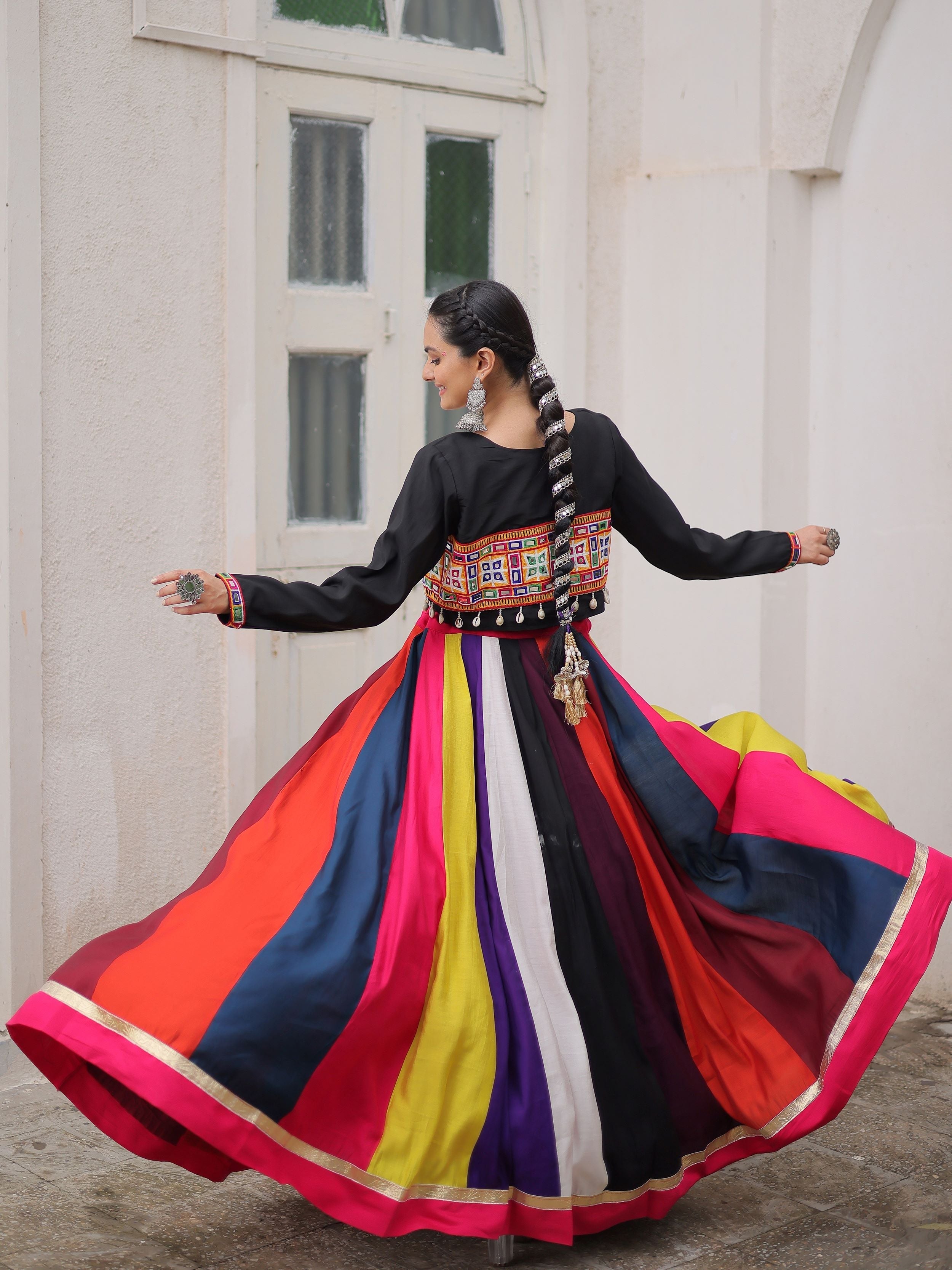 Tantalizing Multi-Color Silk Navratri Wear Lehenga Choli With Koti