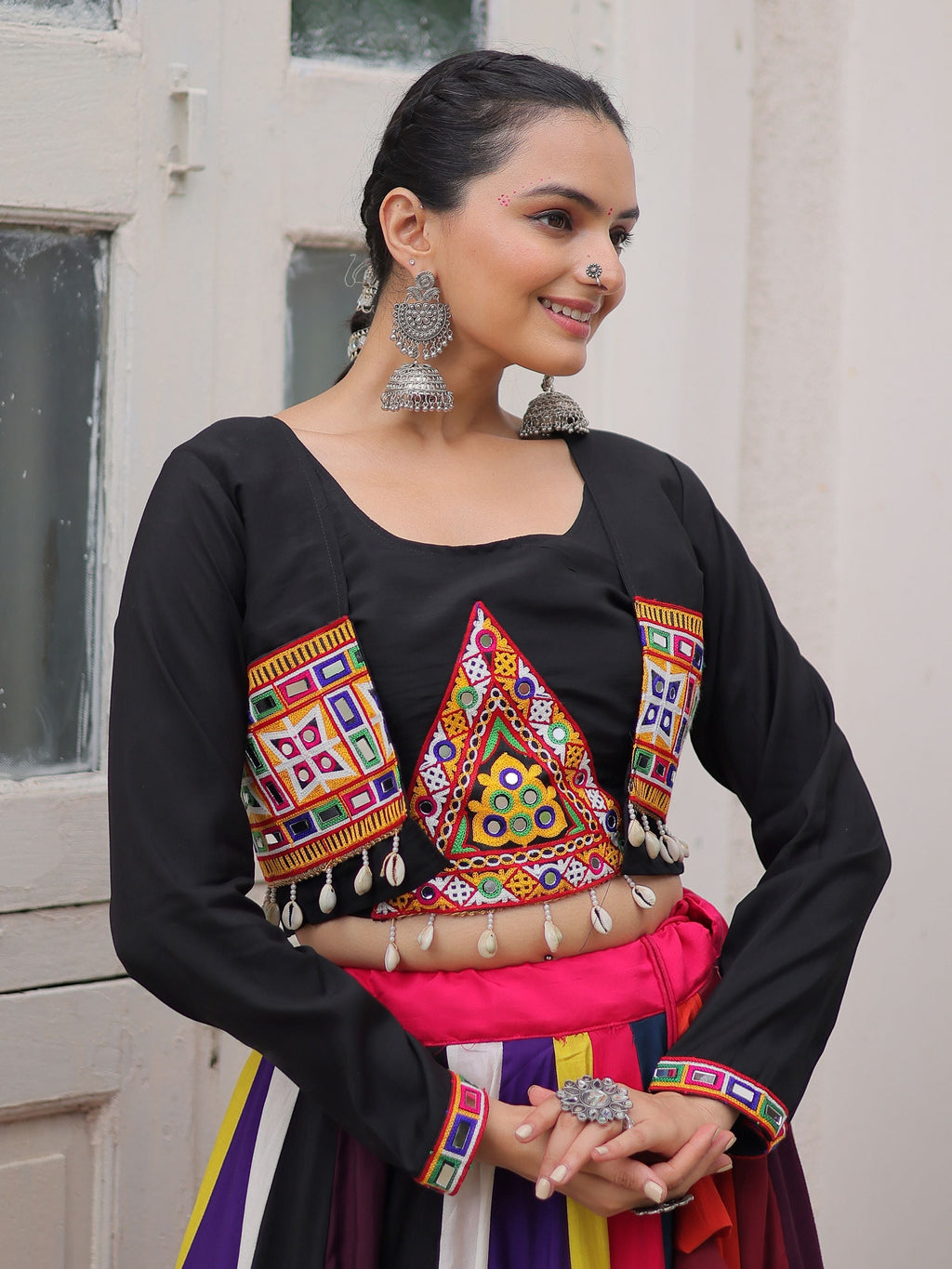 Tantalizing Multi-Color Silk Navratri Wear Lehenga Choli With Koti