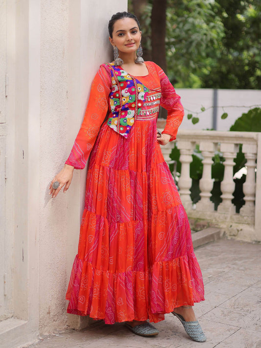 Regal Pink Georgette Kutchi Gamthi Work Navratri Wear Gown