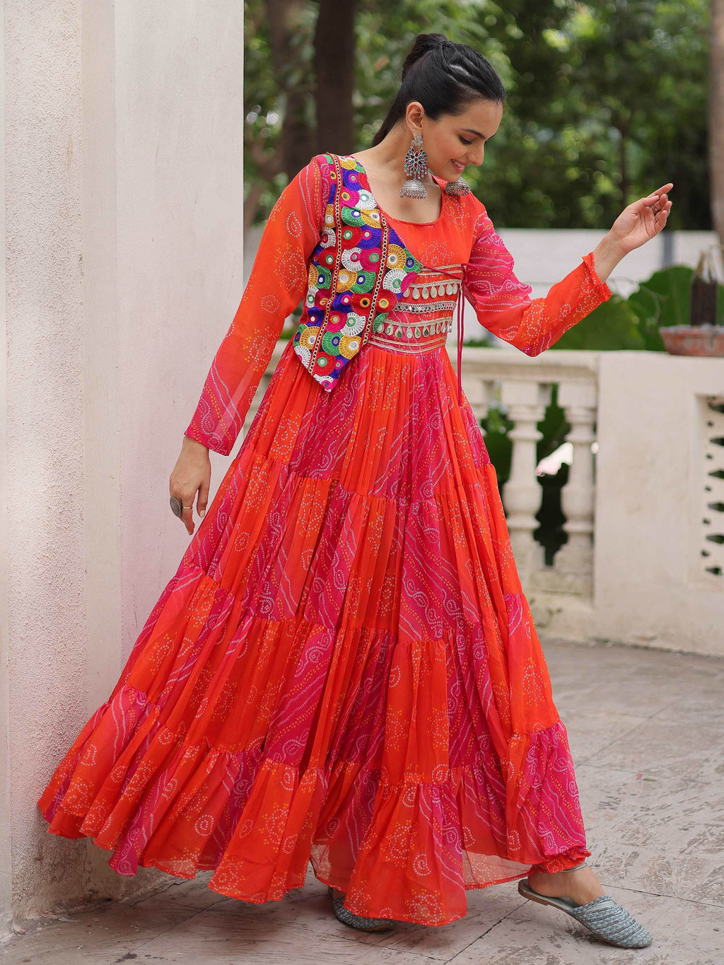 Regal Pink Georgette Kutchi Gamthi Work Navratri Wear Gown