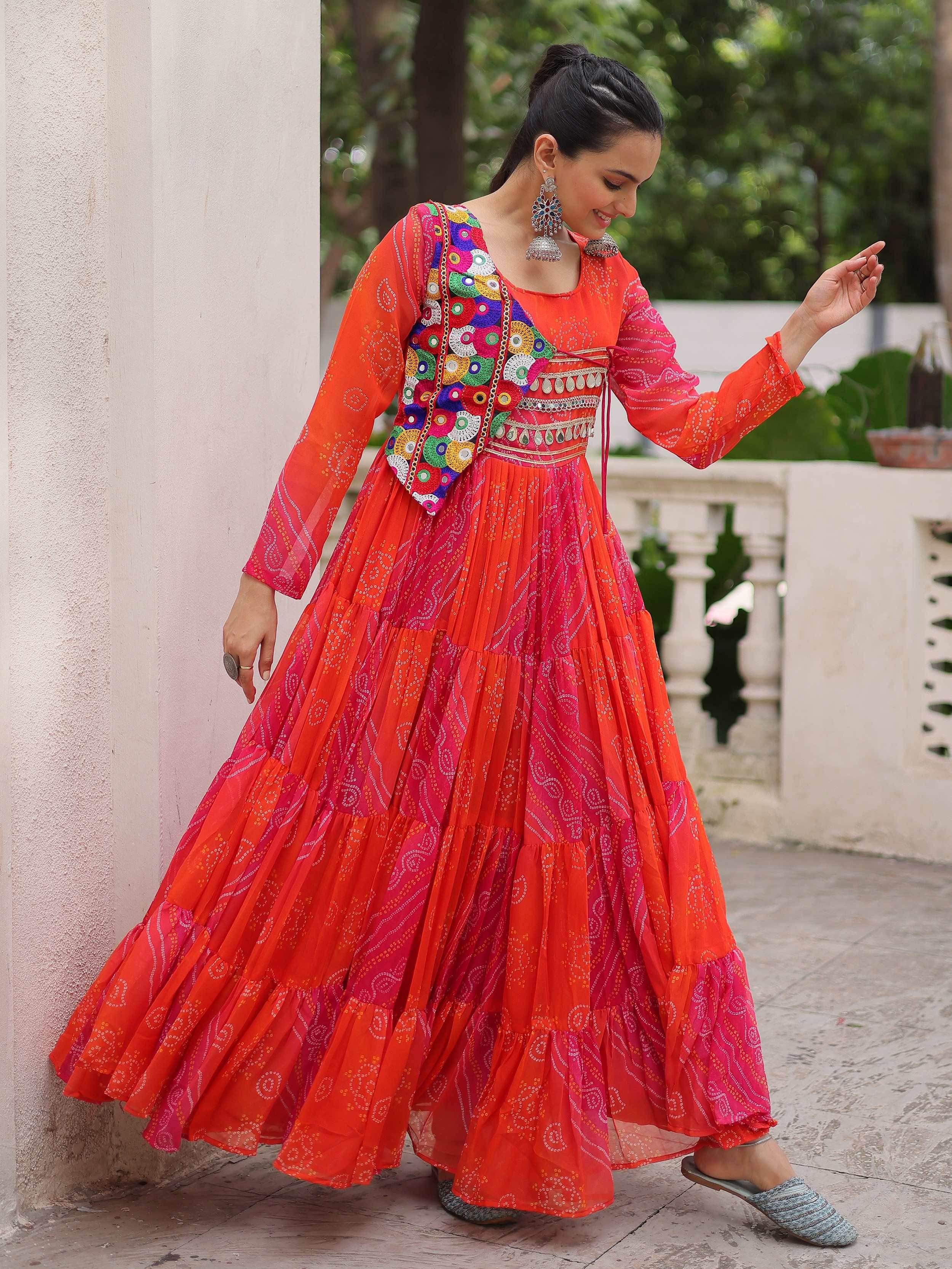 Regal Pink Georgette Kutchi Gamthi Work Navratri Wear Gown