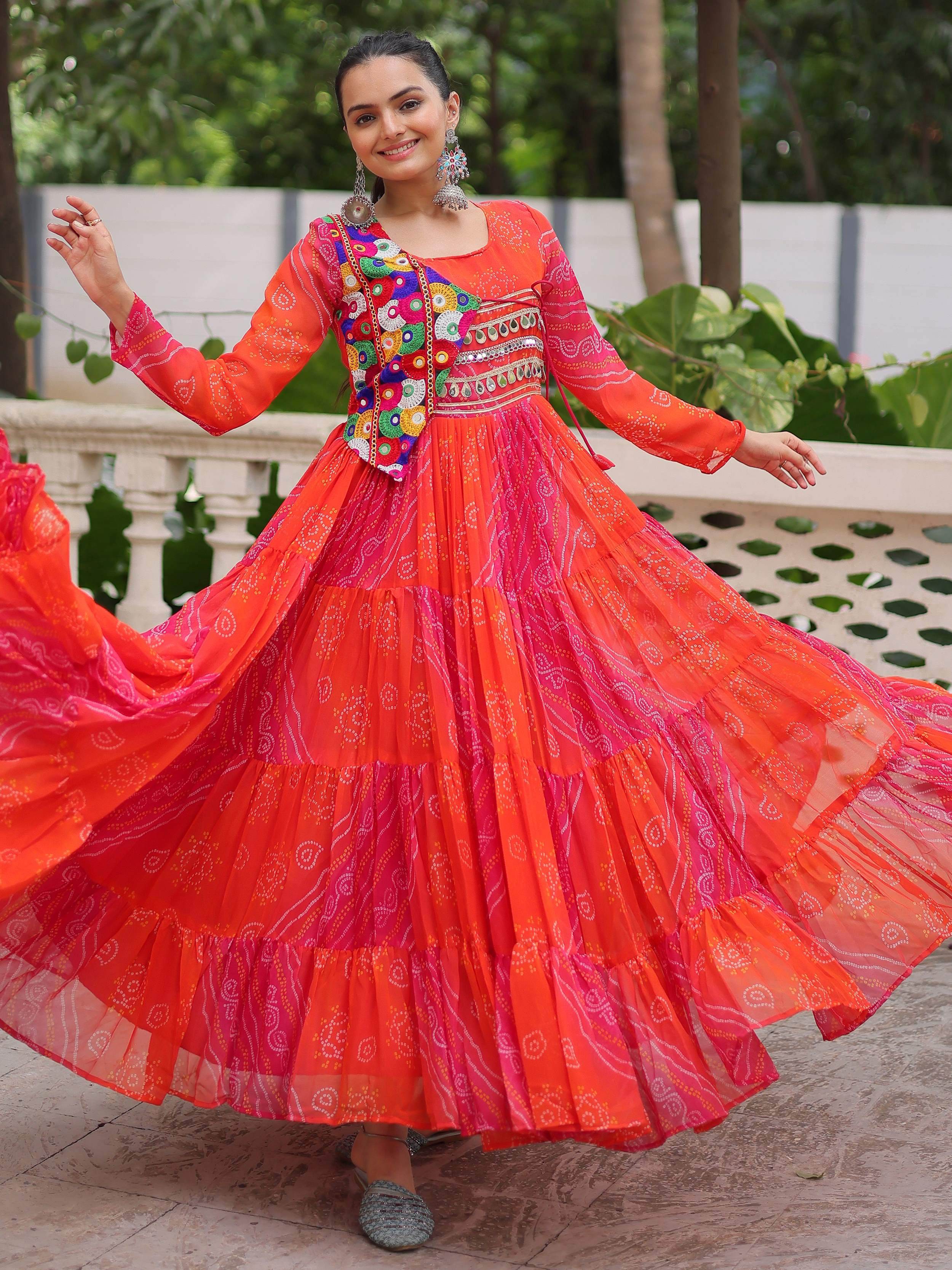 Regal Pink Georgette Kutchi Gamthi Work Navratri Wear Gown