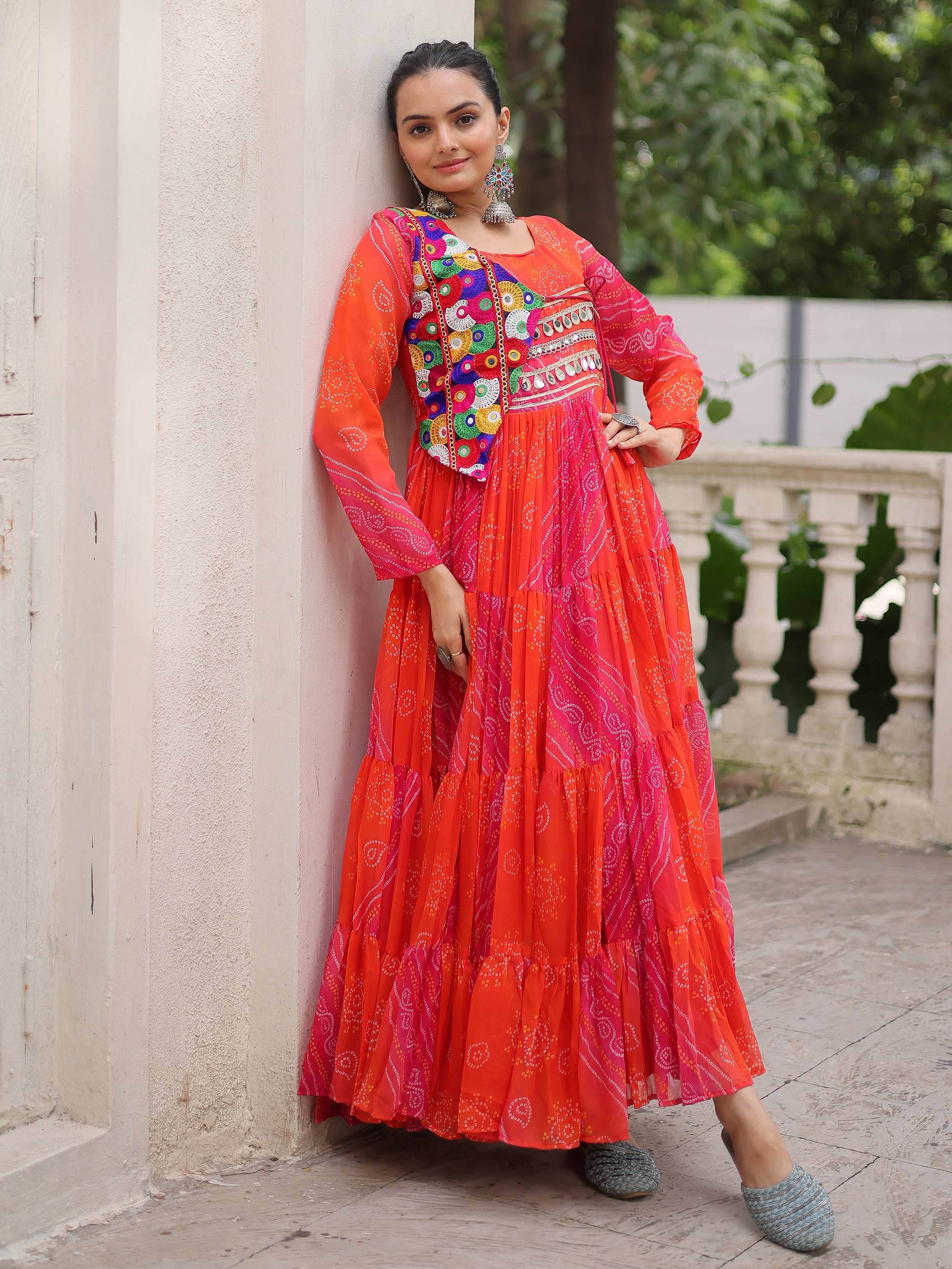 Regal Pink Georgette Kutchi Gamthi Work Navratri Wear Gown