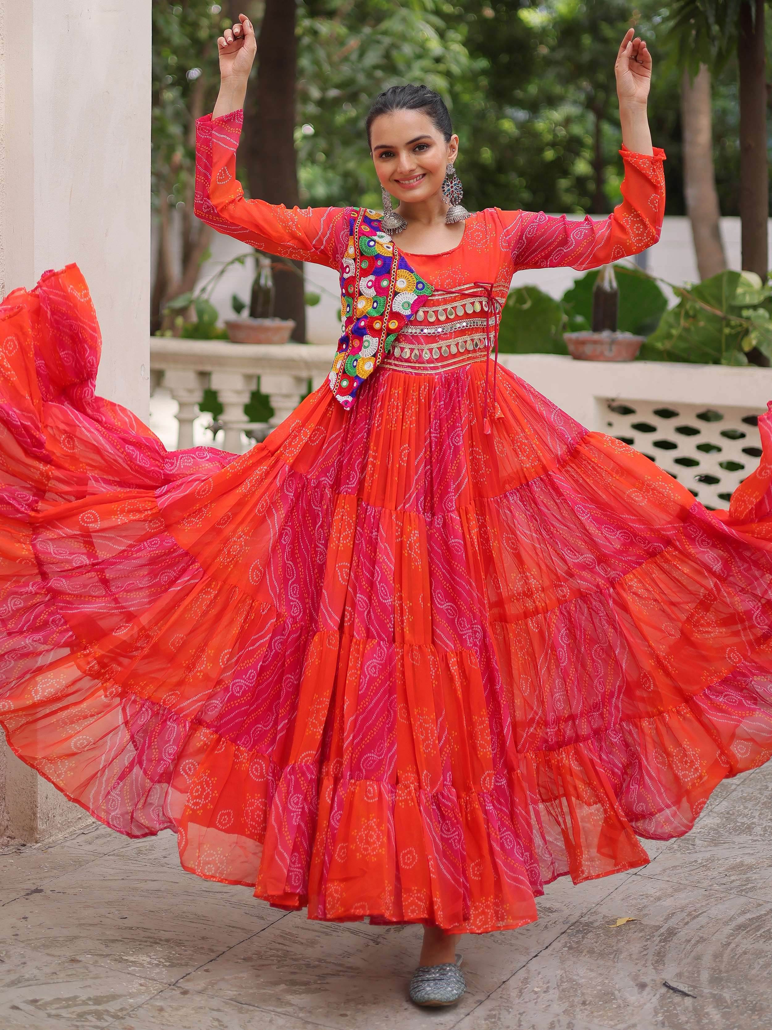 Regal Pink Georgette Kutchi Gamthi Work Navratri Wear Gown