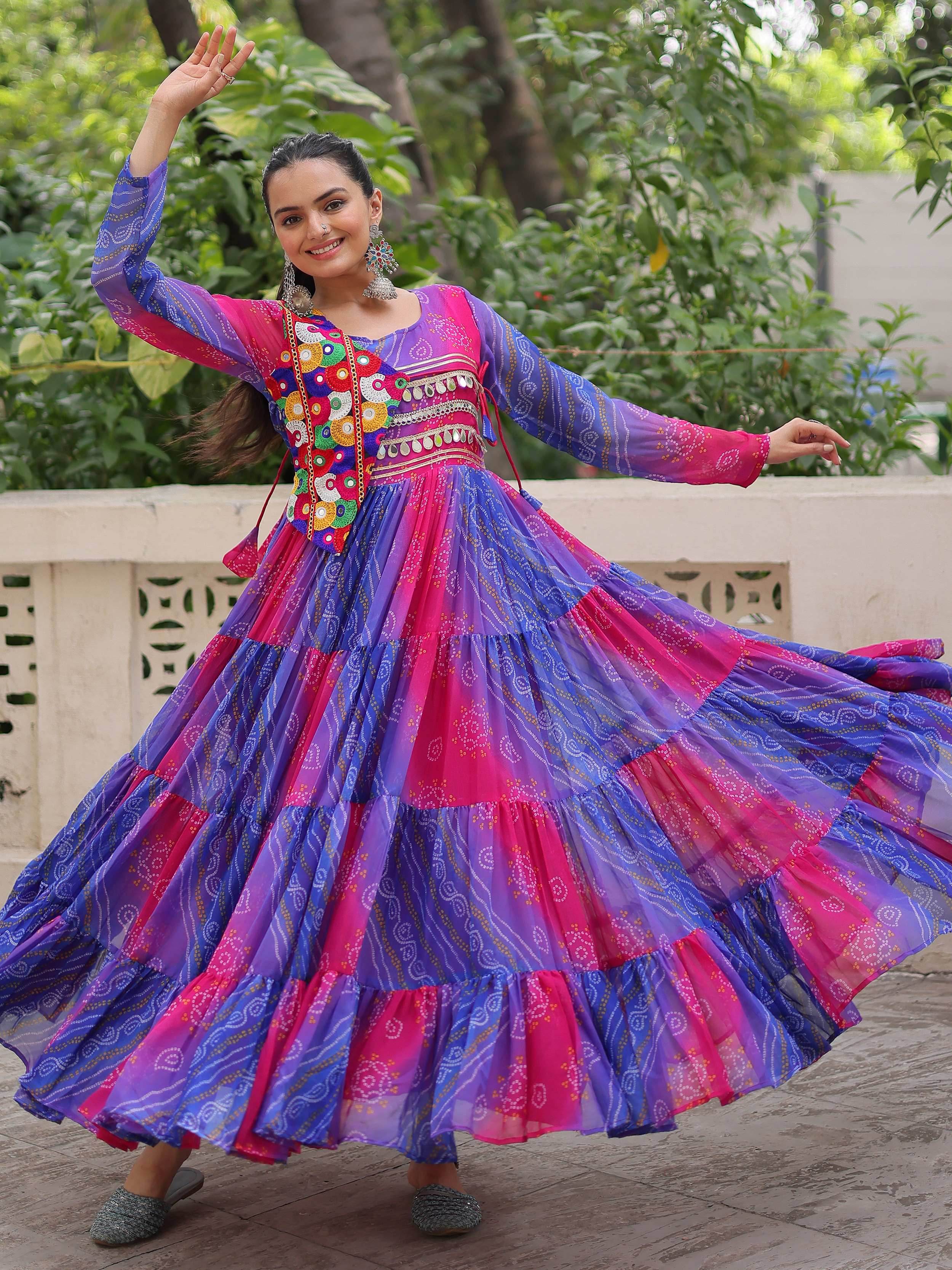 Delicate Purple Bandhani Printed Festival Wear Layered Gown