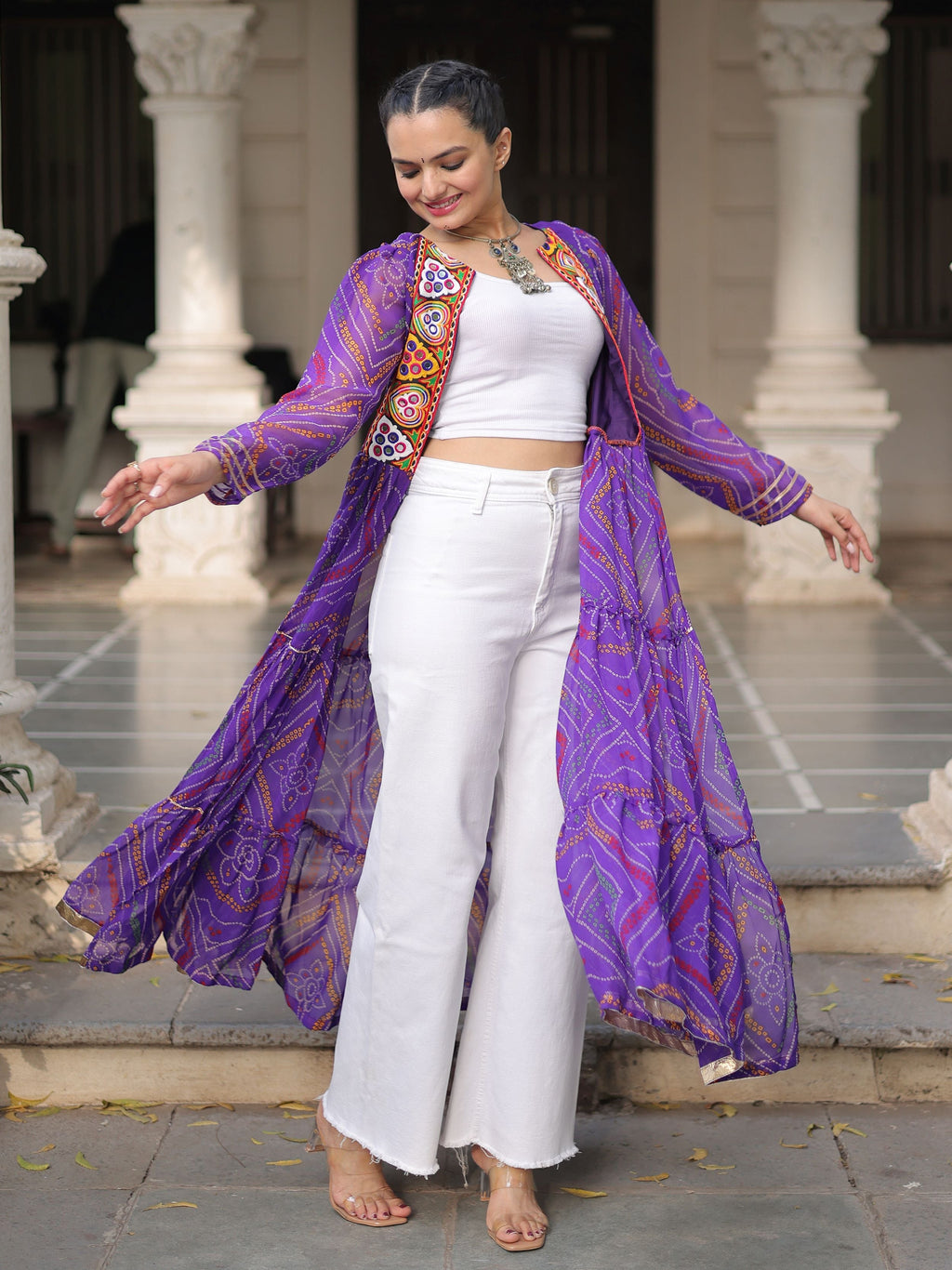 Charming Purple Bandhani Printed Festival Wear Layered Shrug