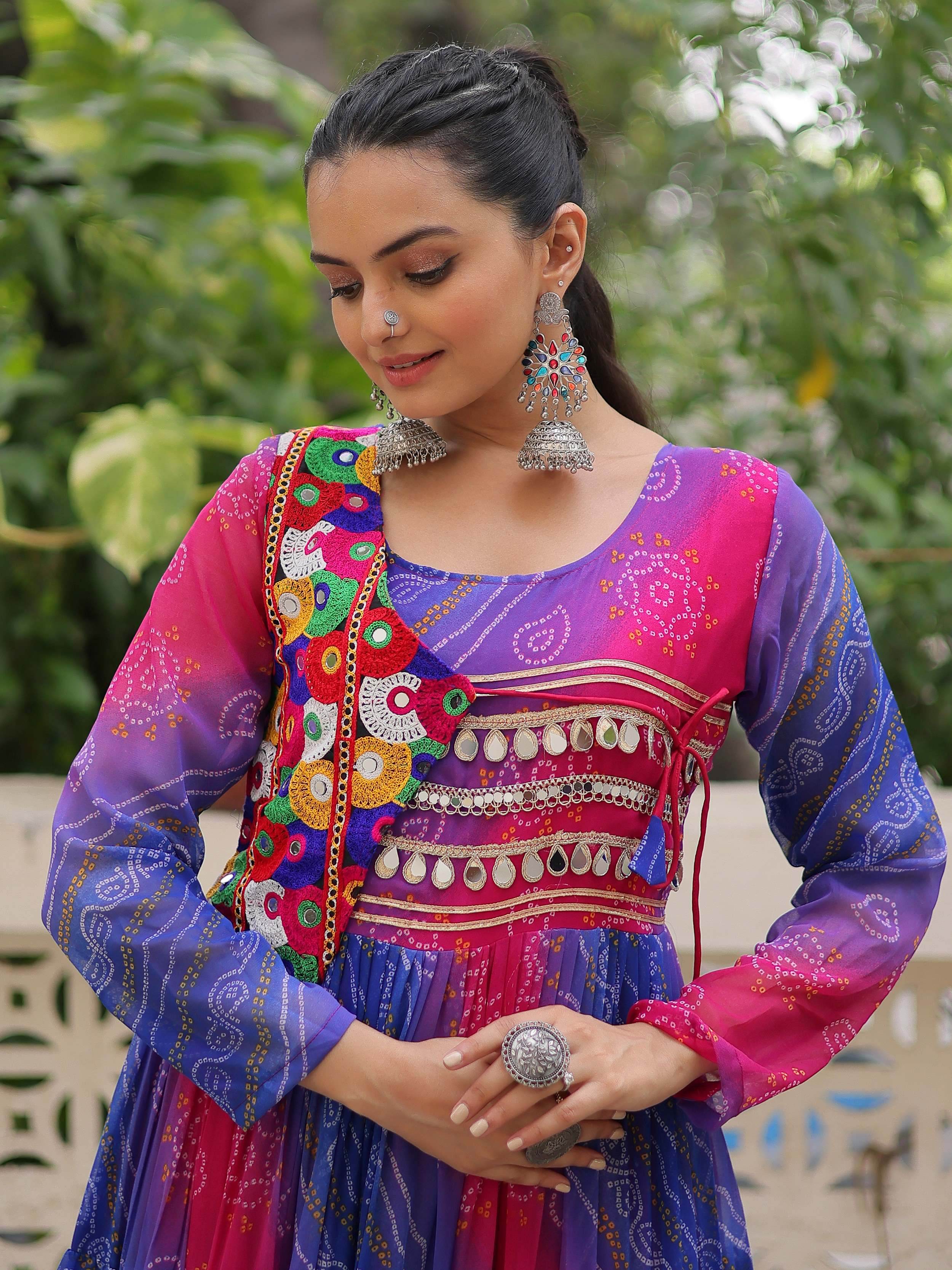 Delicate Purple Bandhani Printed Festival Wear Layered Gown