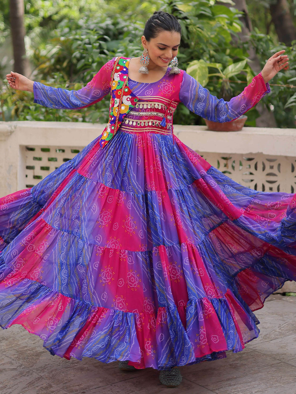 Delicate Purple Bandhani Printed Festival Wear Layered Gown