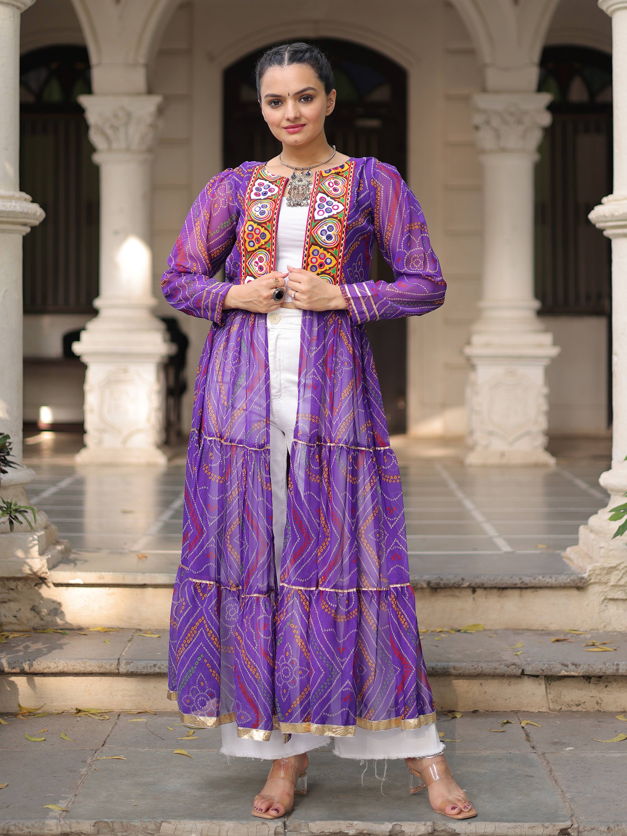 Charming Purple Bandhani Printed Festival Wear Layered Shrug