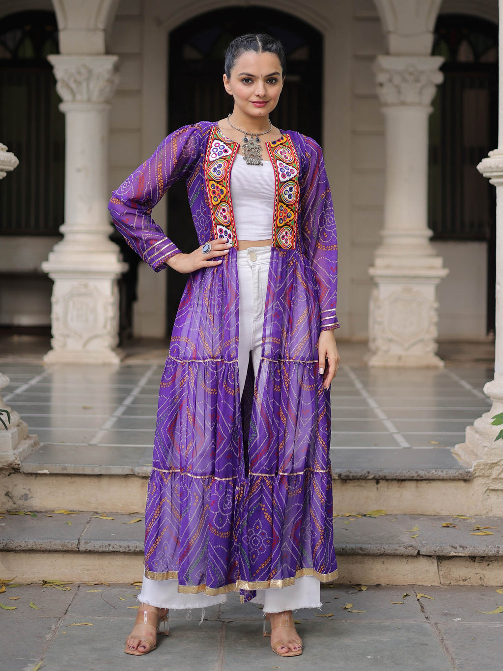 Charming Purple Bandhani Printed Festival Wear Layered Shrug