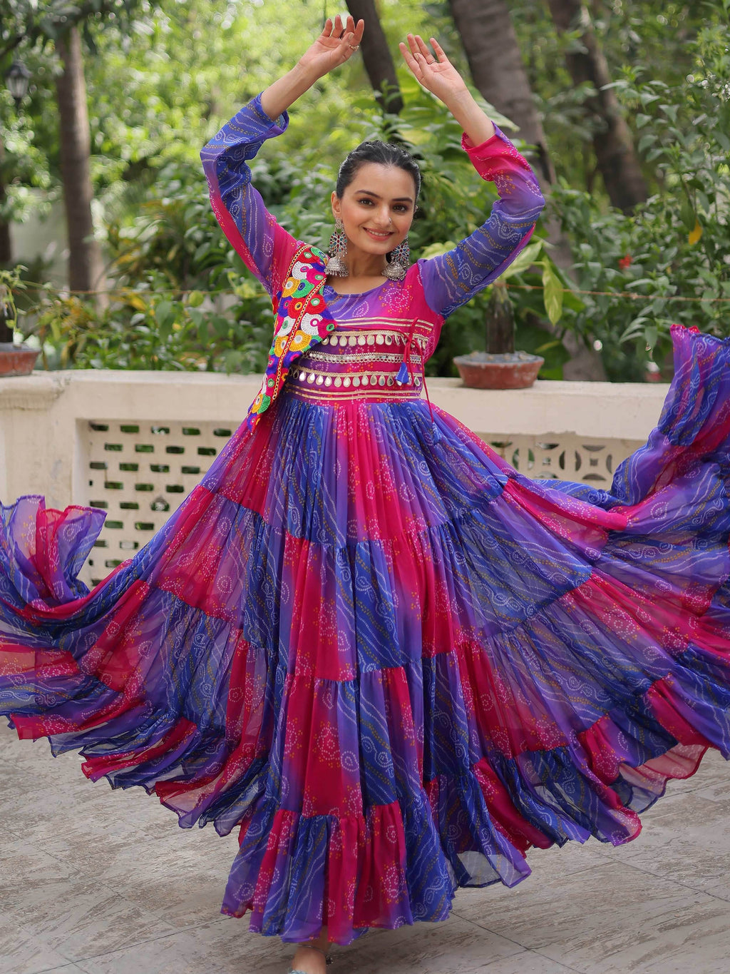 Delicate Purple Bandhani Printed Festival Wear Layered Gown