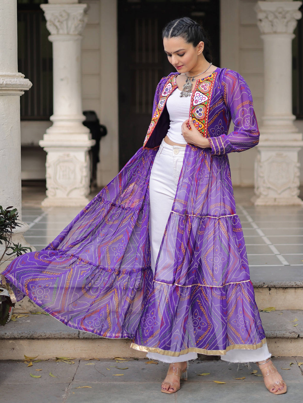 Charming Purple Bandhani Printed Festival Wear Layered Shrug