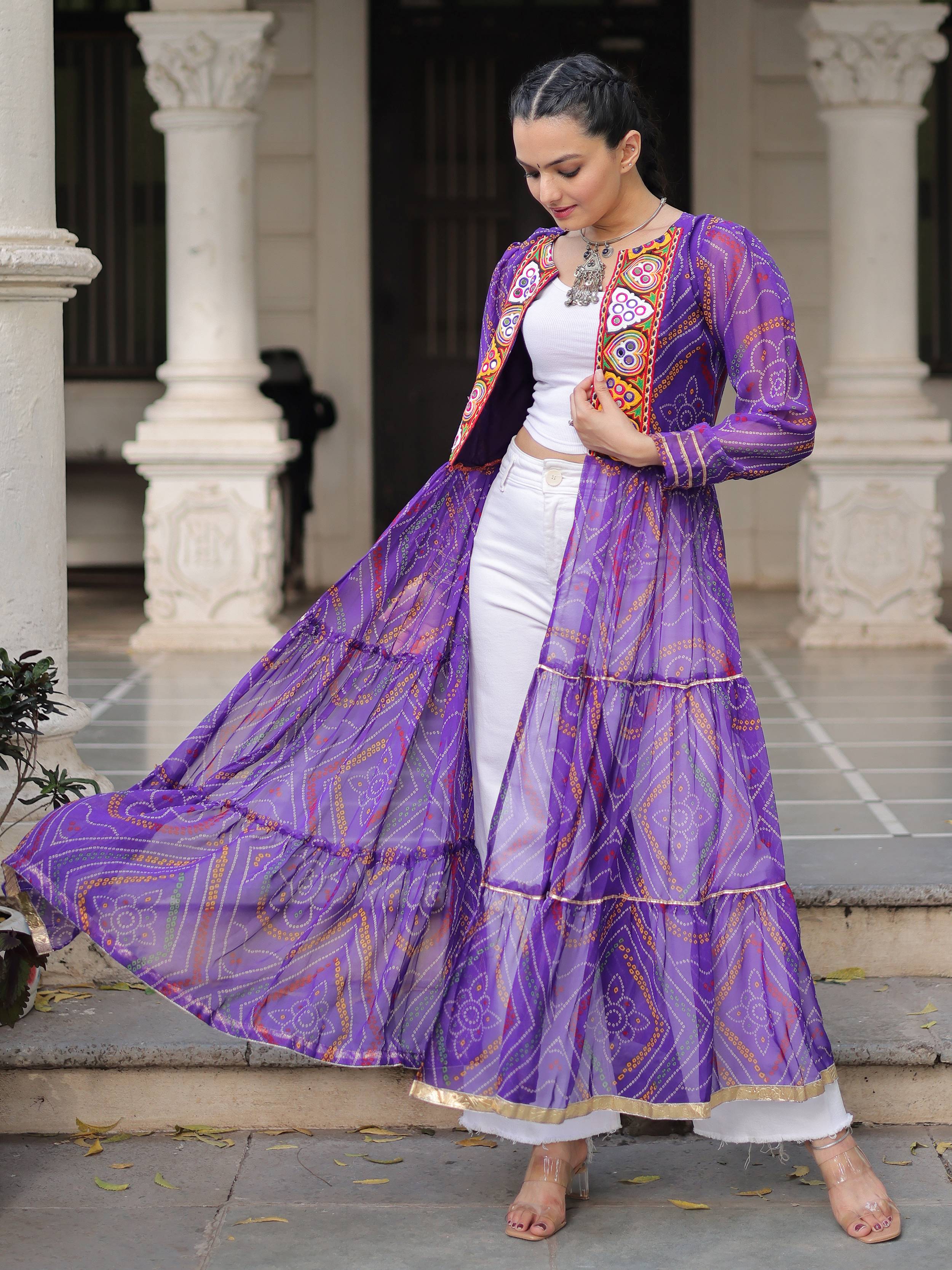 Charming Purple Bandhani Printed Festival Wear Layered Shrug