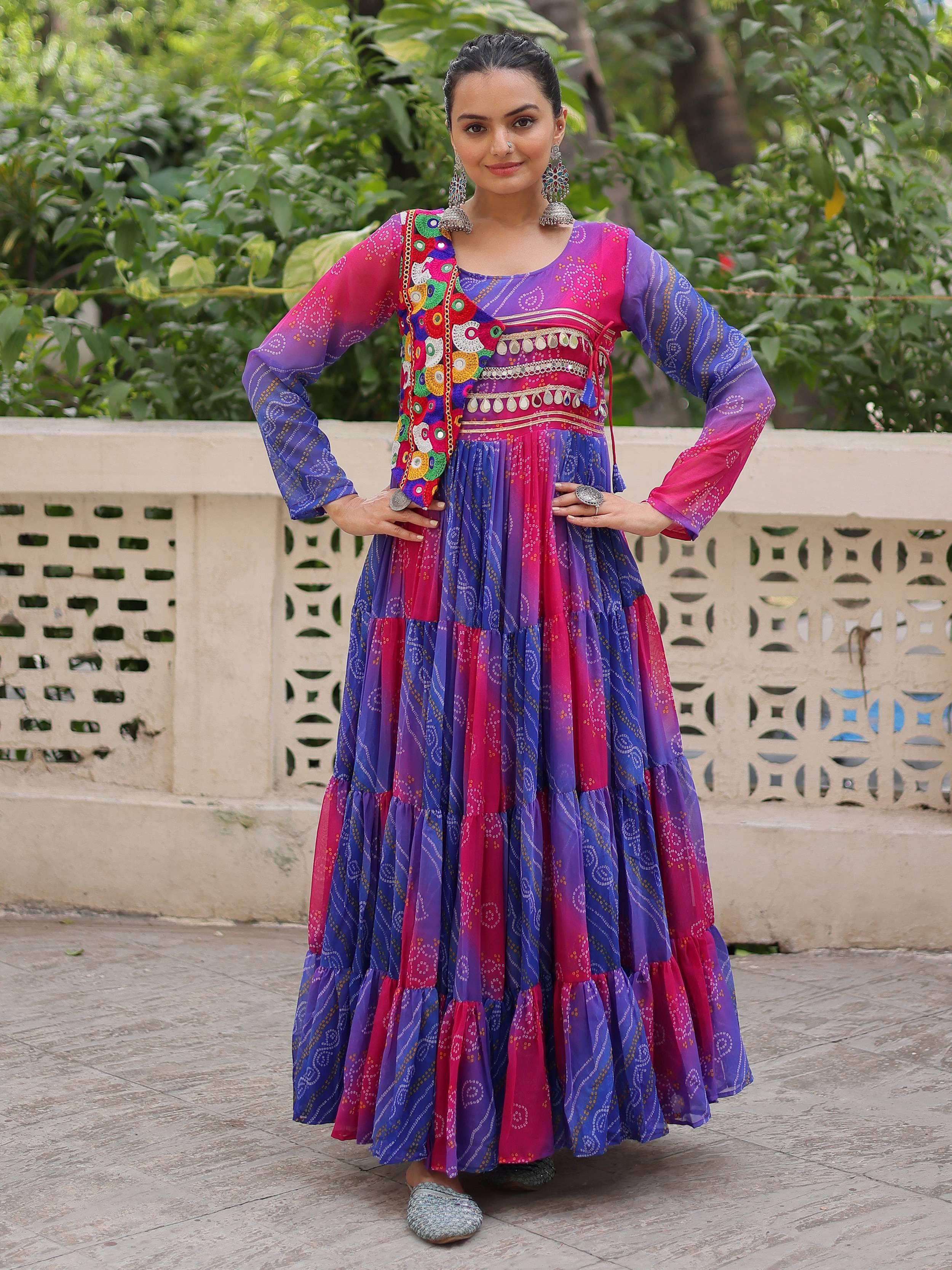 Delicate Purple Bandhani Printed Festival Wear Layered Gown