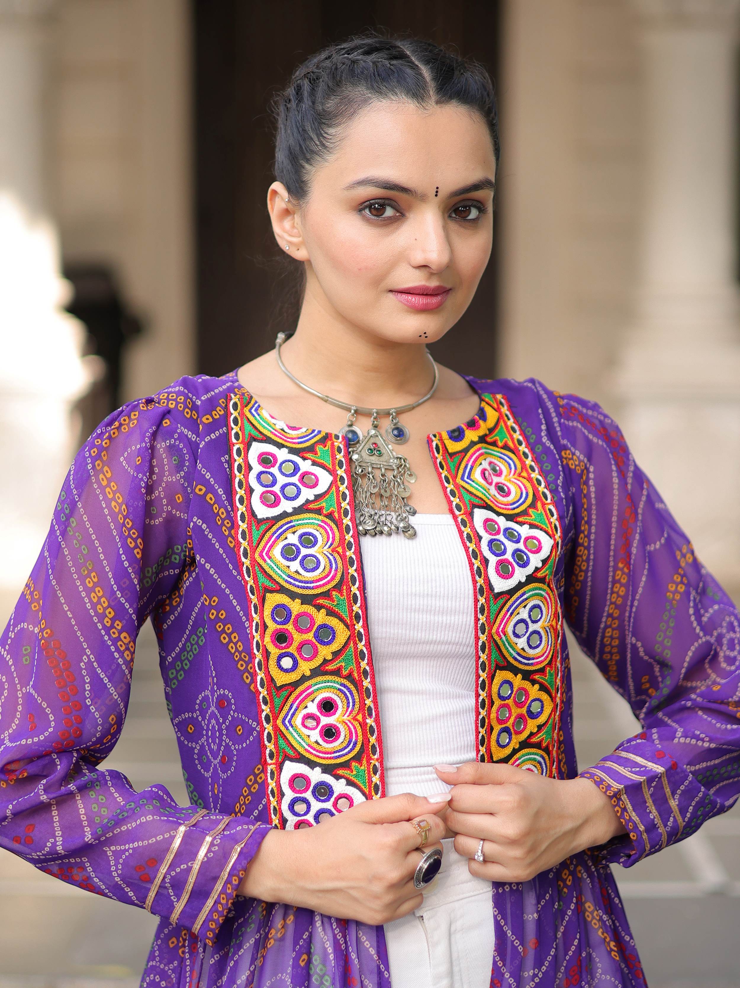 Charming Purple Bandhani Printed Festival Wear Layered Shrug