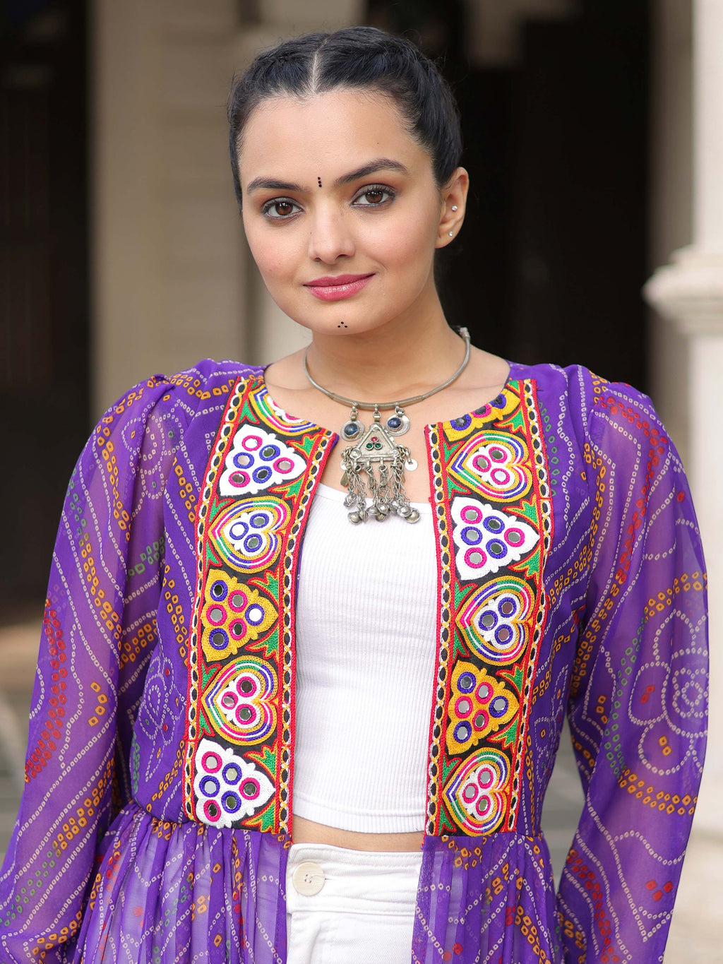 Charming Purple Bandhani Printed Festival Wear Layered Shrug