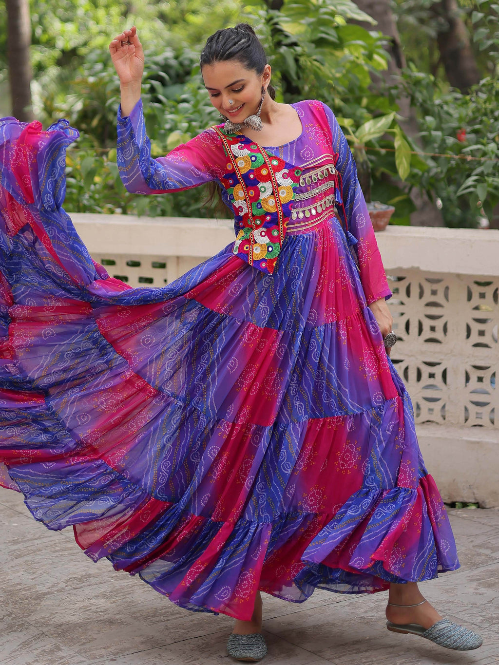 Delicate Purple Bandhani Printed Festival Wear Layered Gown