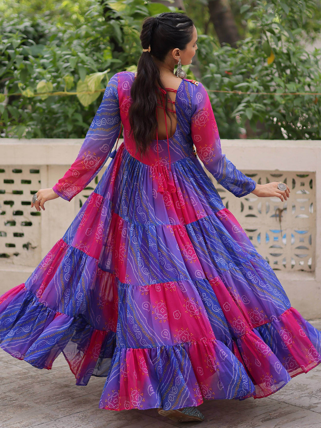 Delicate Purple Bandhani Printed Festival Wear Layered Gown