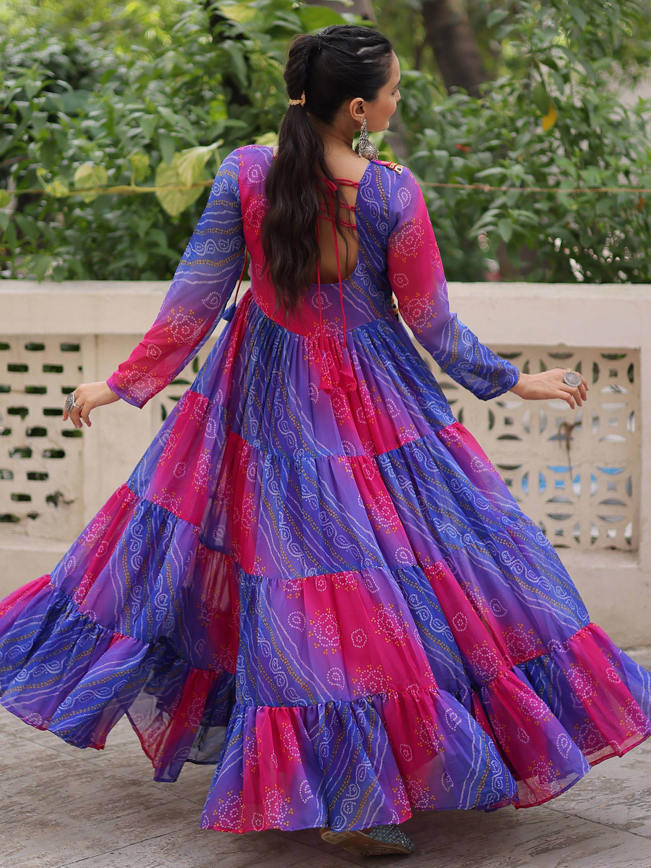Delicate Purple Bandhani Printed Festival Wear Layered Gown