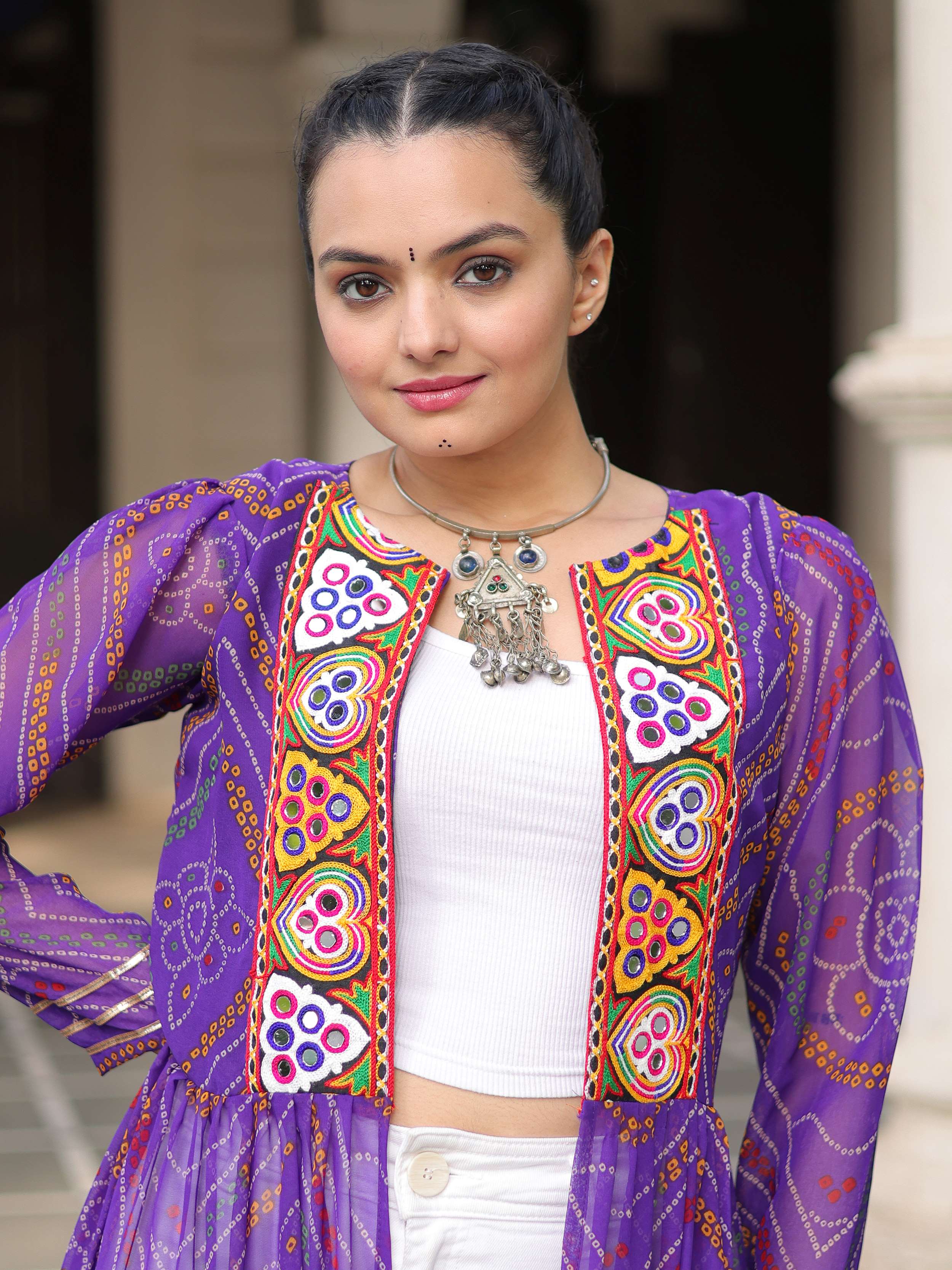 Charming Purple Bandhani Printed Festival Wear Layered Shrug