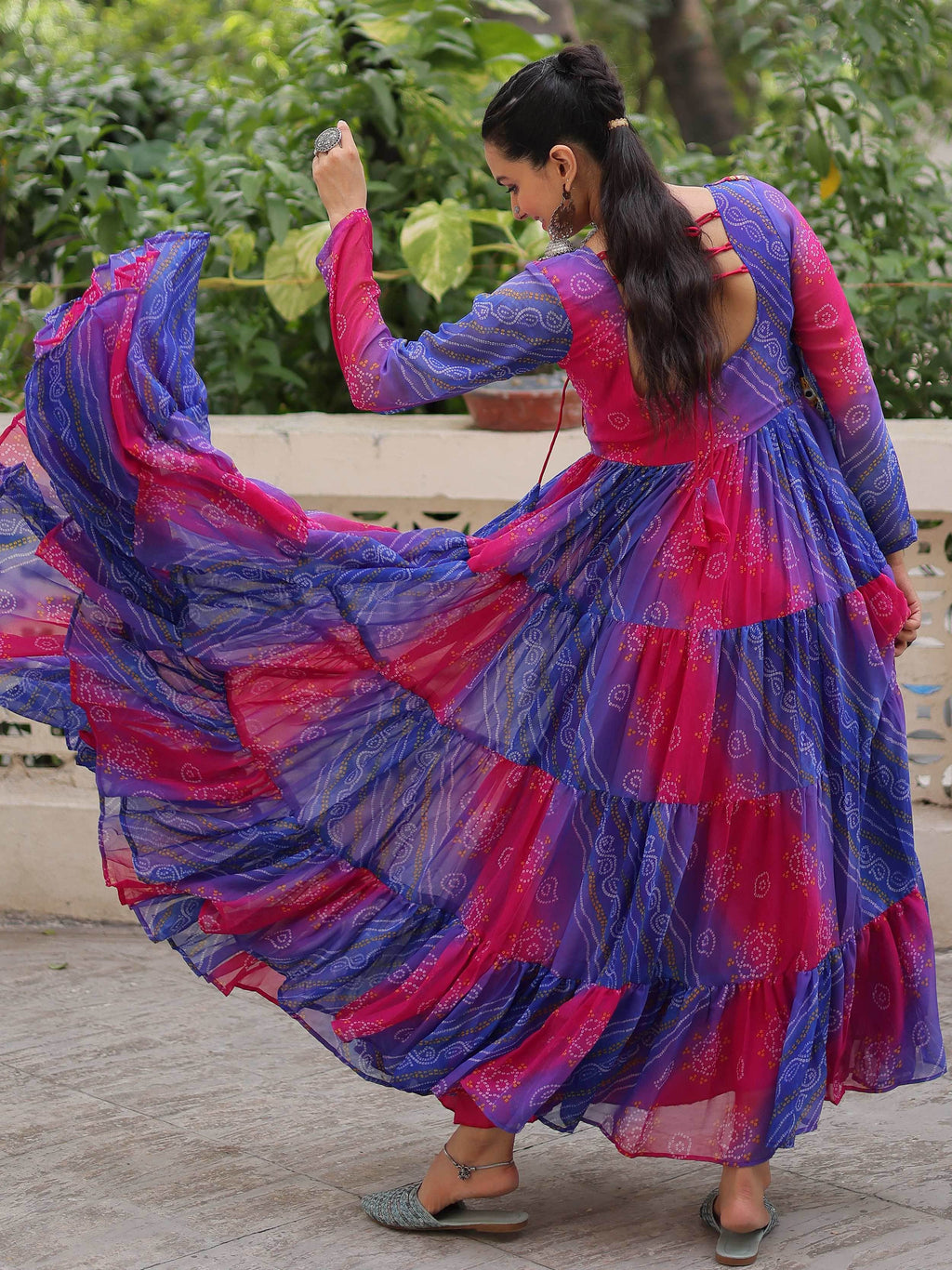 Delicate Purple Bandhani Printed Festival Wear Layered Gown