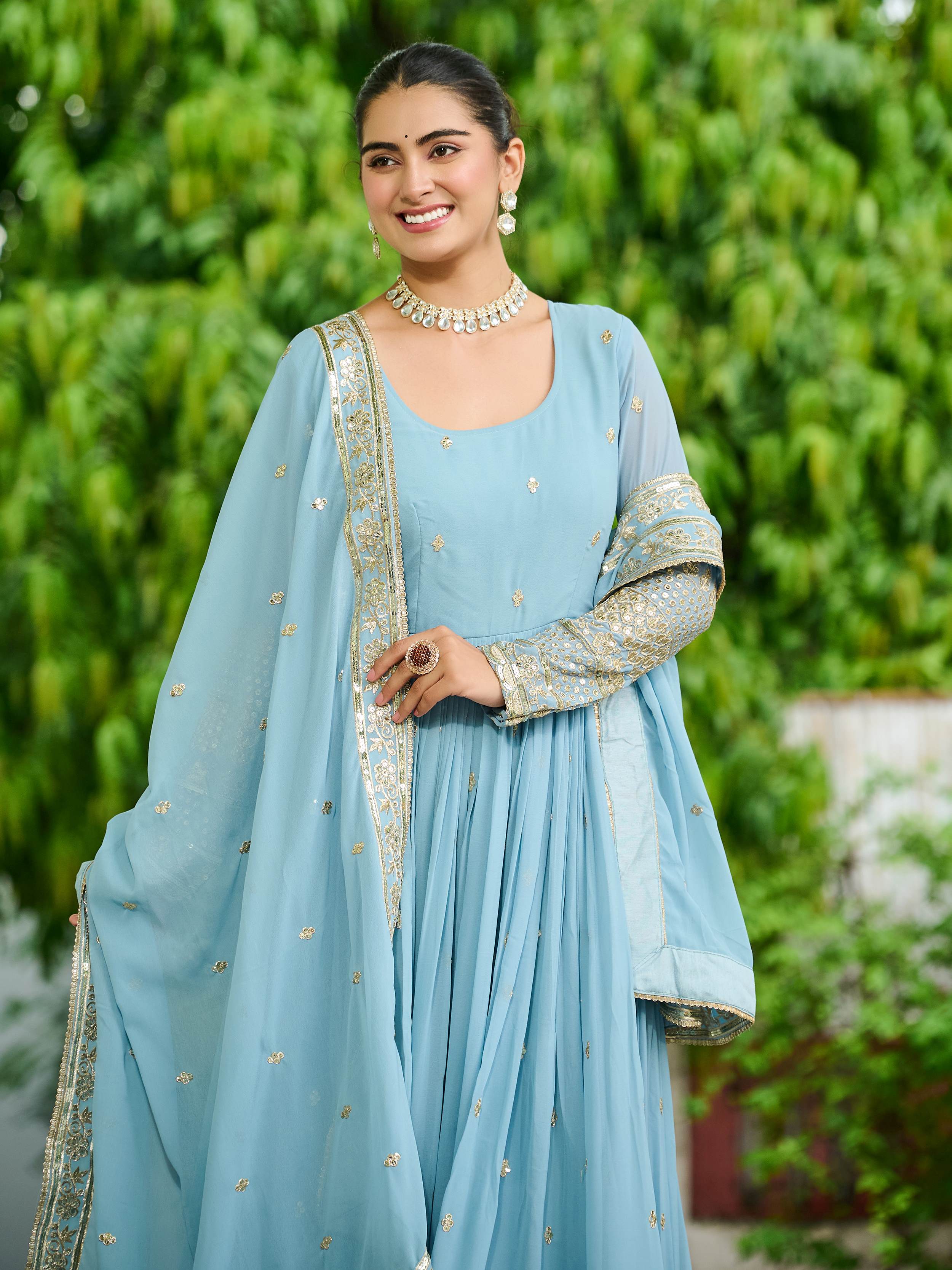 Adorable Sky Blue Embroidered Reception Wear Gown With Dupatta