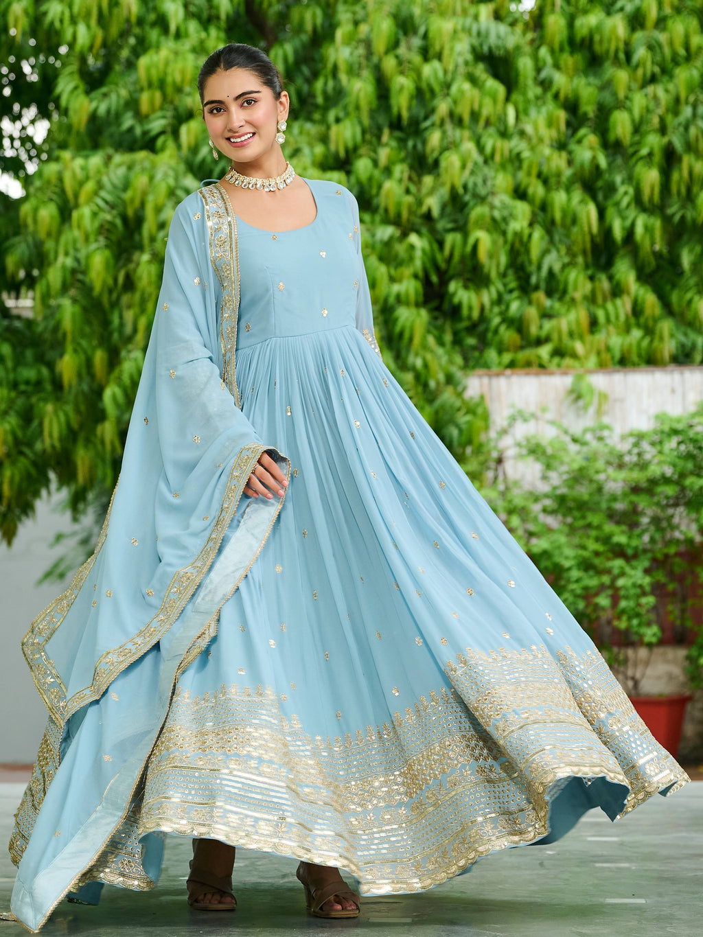 Adorable Sky Blue Embroidered Reception Wear Gown With Dupatta