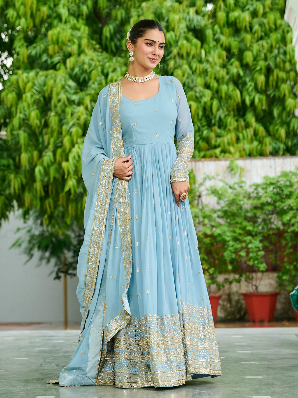 Adorable Sky Blue Embroidered Reception Wear Gown With Dupatta
