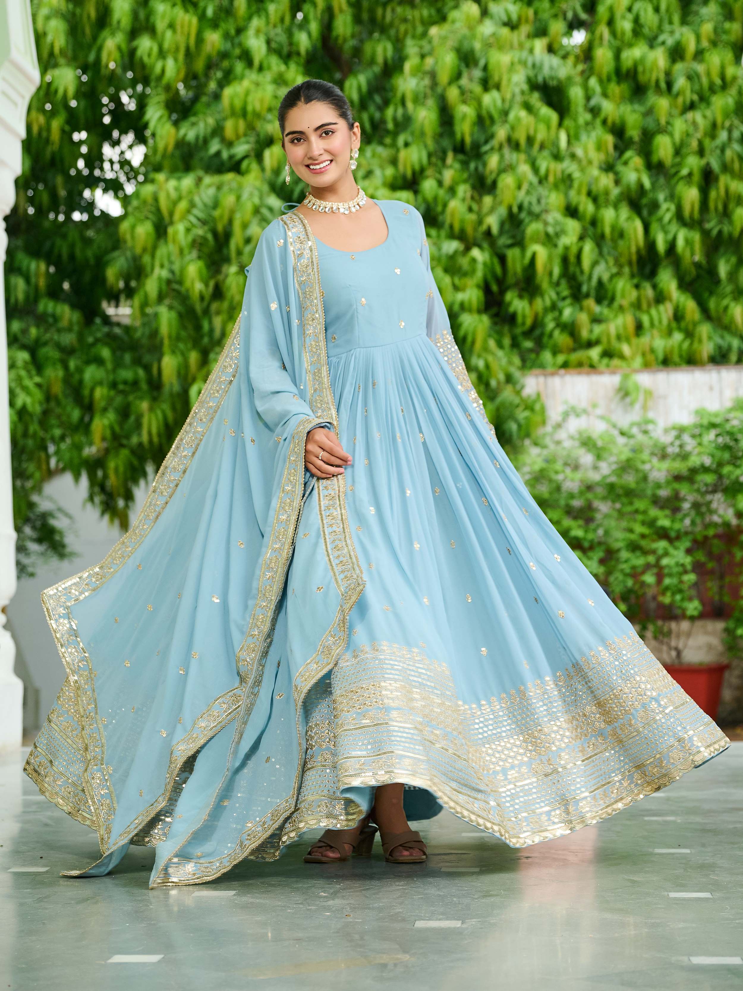 Adorable Sky Blue Embroidered Reception Wear Gown With Dupatta