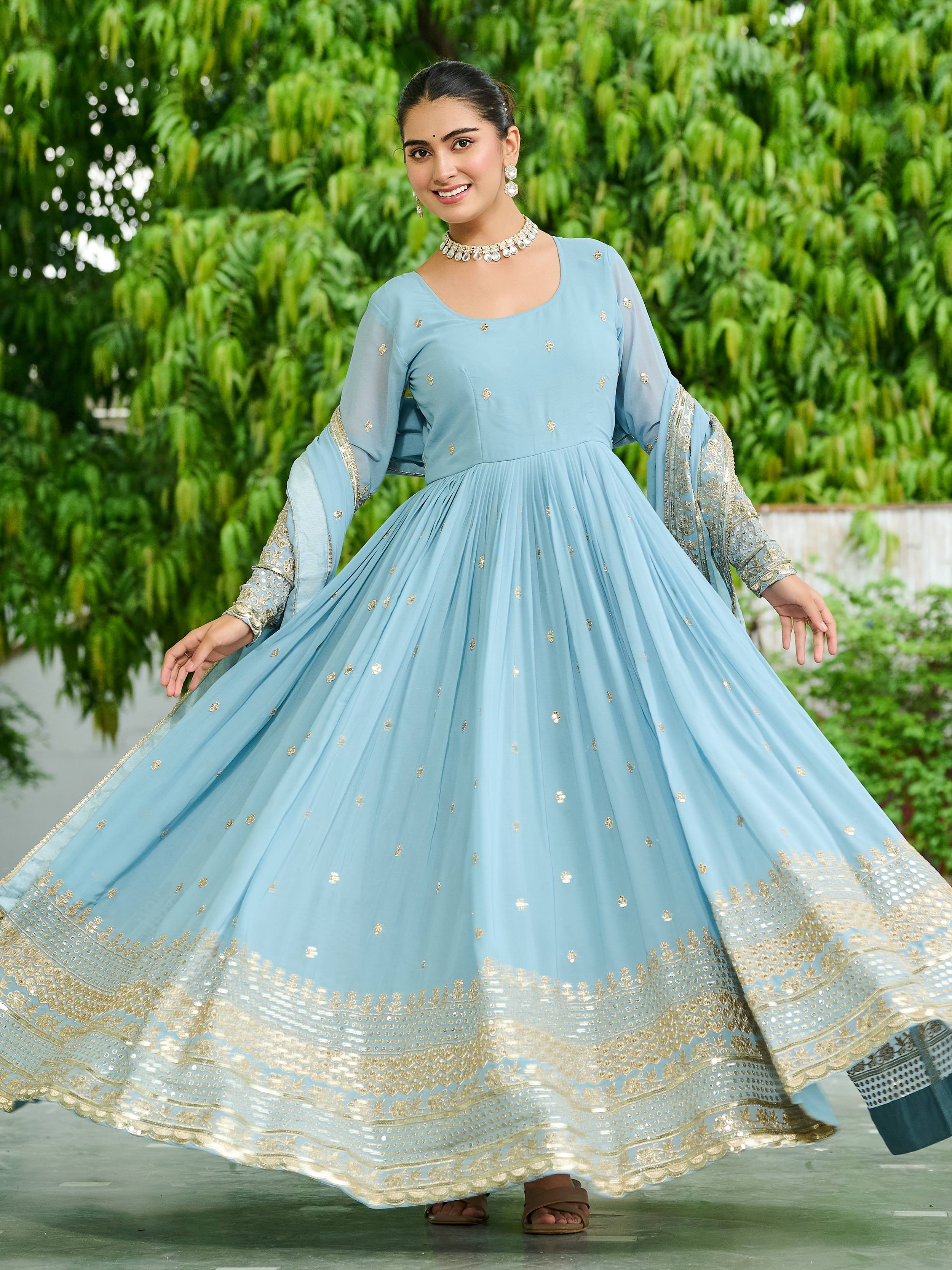 Adorable Sky Blue Embroidered Reception Wear Gown With Dupatta