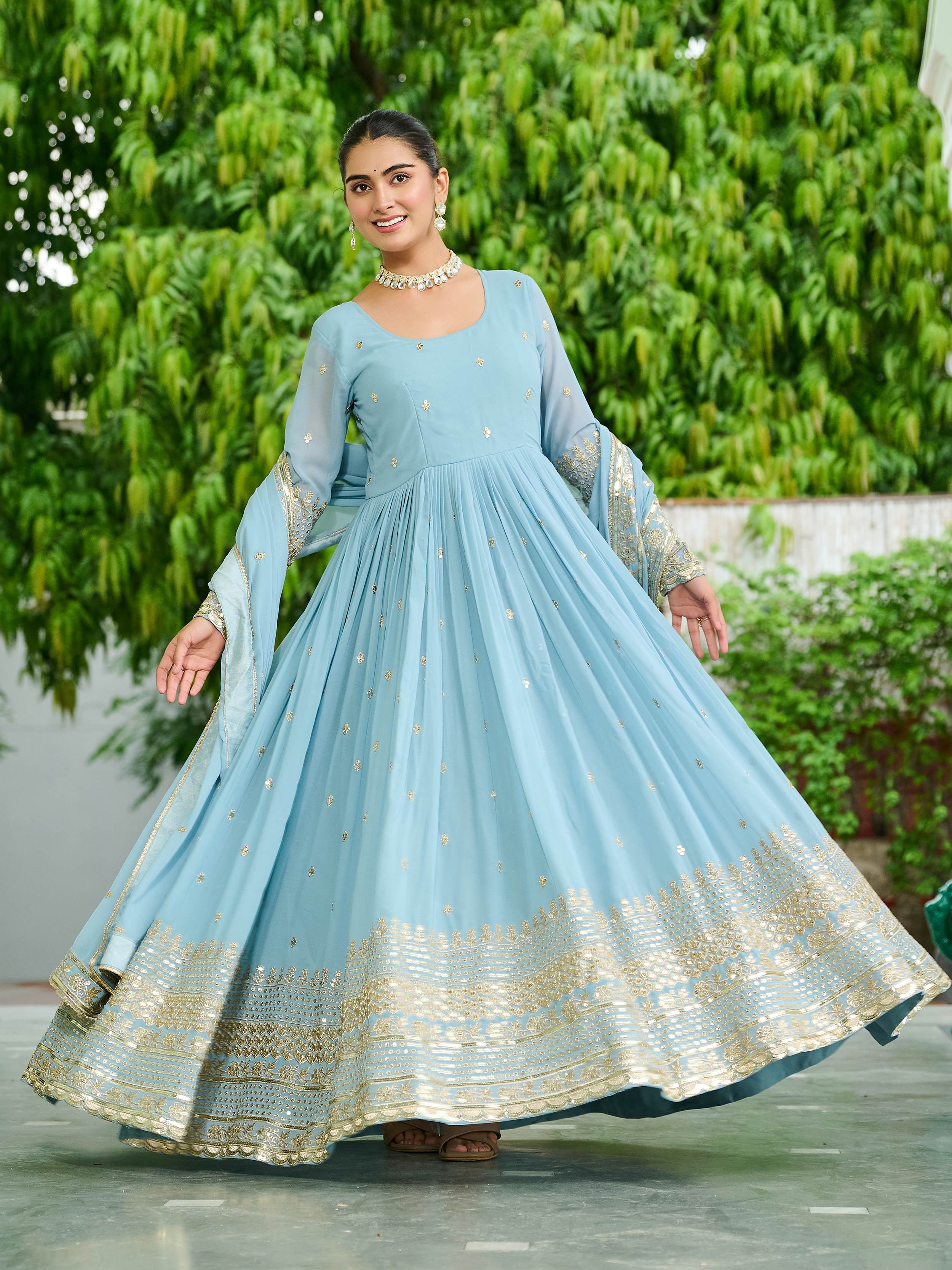 Adorable Sky Blue Embroidered Reception Wear Gown With Dupatta