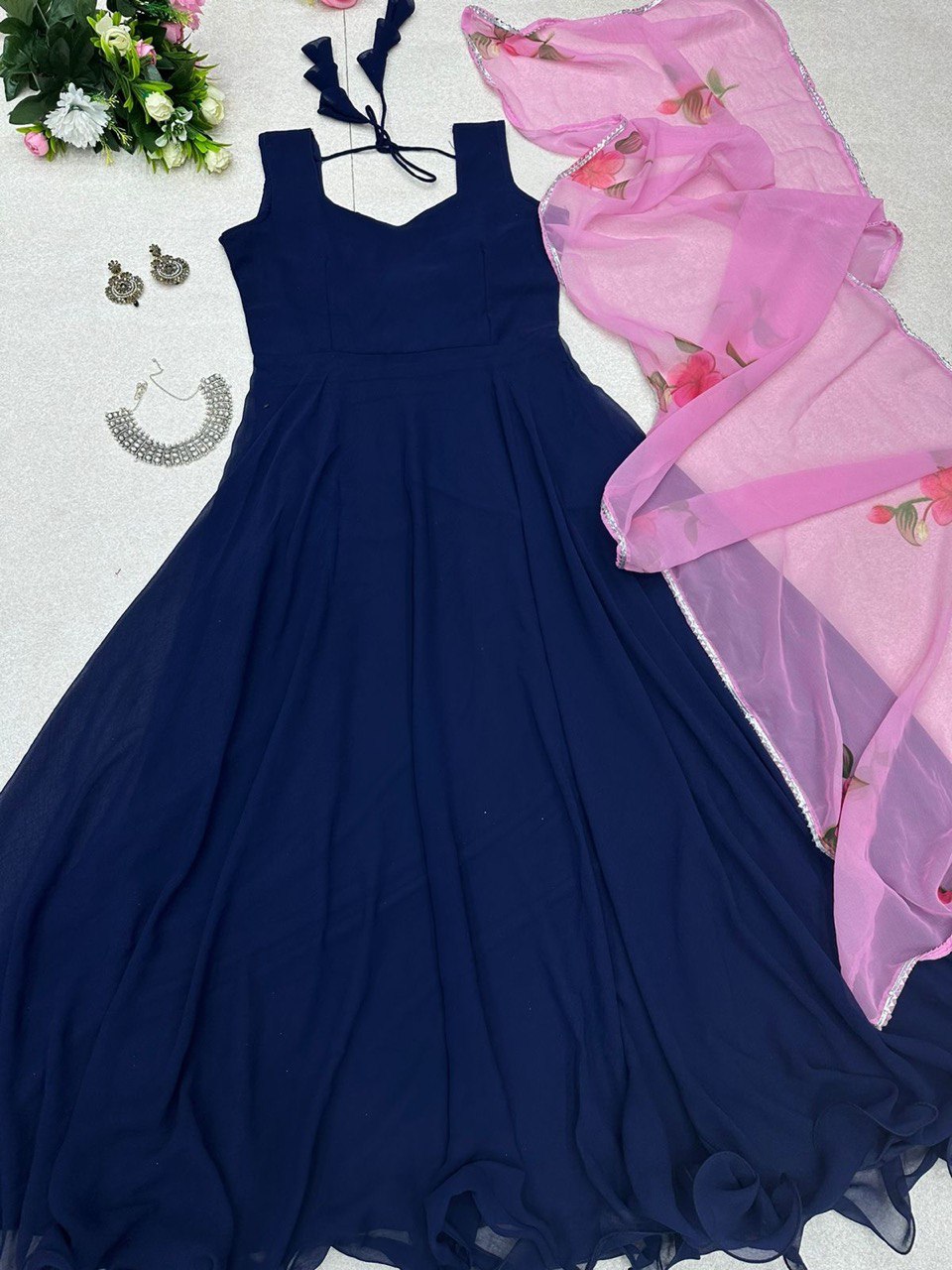 Enamoring Georgette Plain Gown With Floral Dupatta Set - Ethnicwish