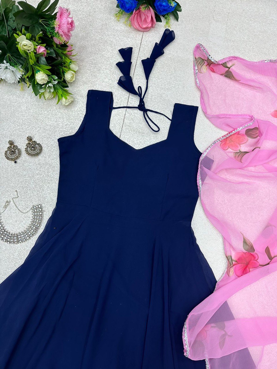 Enamoring Georgette Plain Gown With Floral Dupatta Set - Ethnicwish