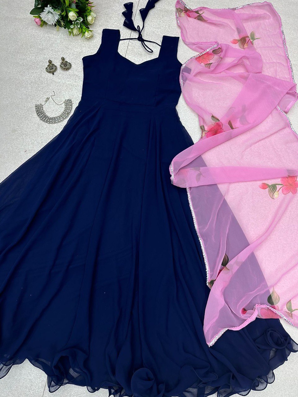 Enamoring Georgette Plain Gown With Floral Dupatta Set - Ethnicwish