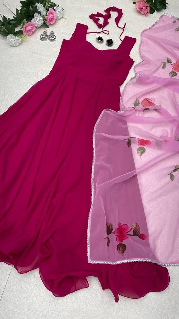 Enamoring Georgette Plain Gown With Floral Dupatta Set - Ethnicwish