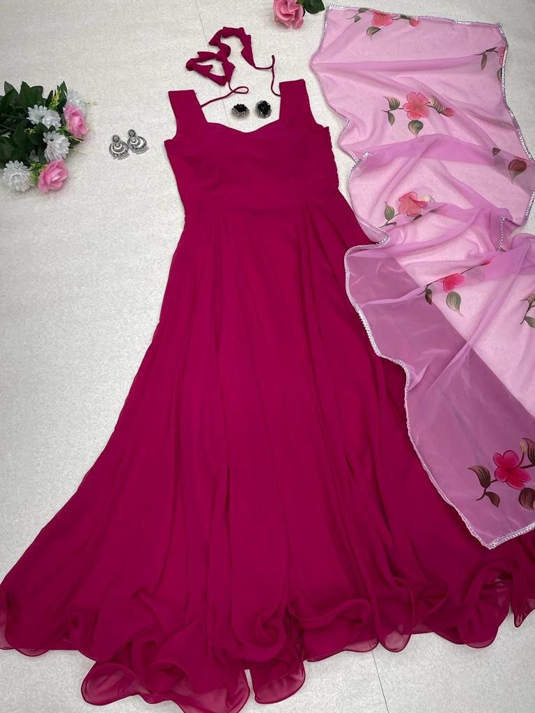 Enamoring Georgette Plain Gown With Floral Dupatta Set - Ethnicwish