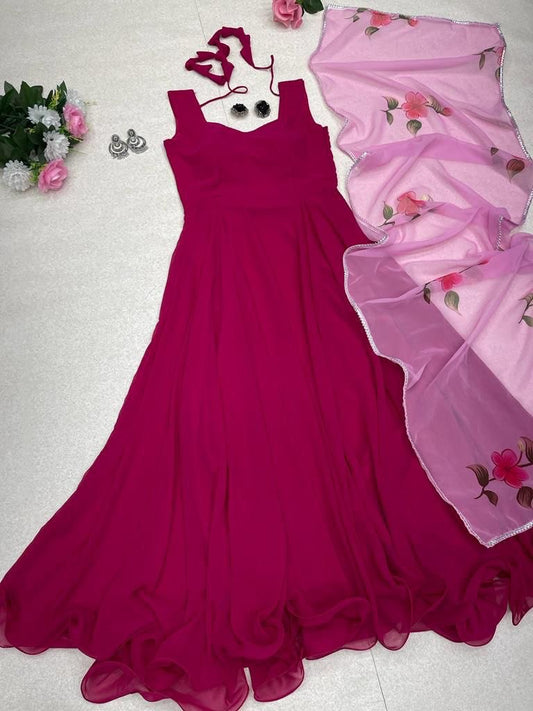 Enamoring Georgette Plain Gown With Floral Dupatta Set - Ethnicwish