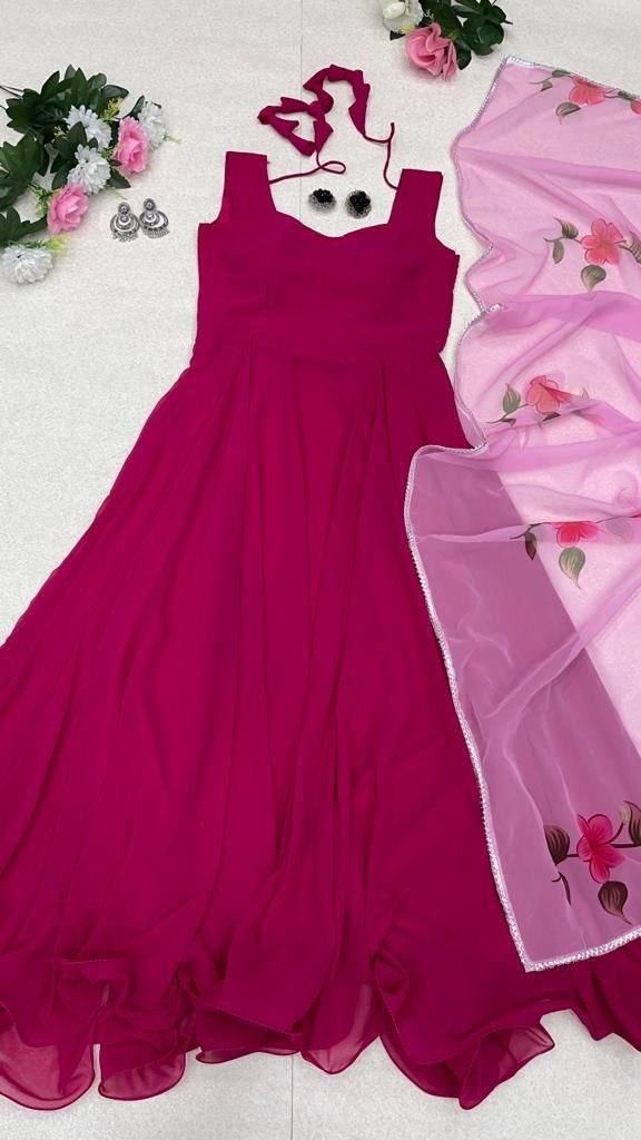 Enamoring Georgette Plain Gown With Floral Dupatta Set - Ethnicwish