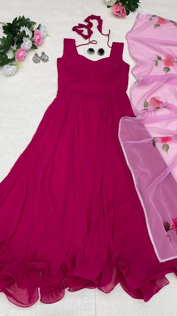 Enamoring Georgette Plain Gown With Floral Dupatta Set - Ethnicwish