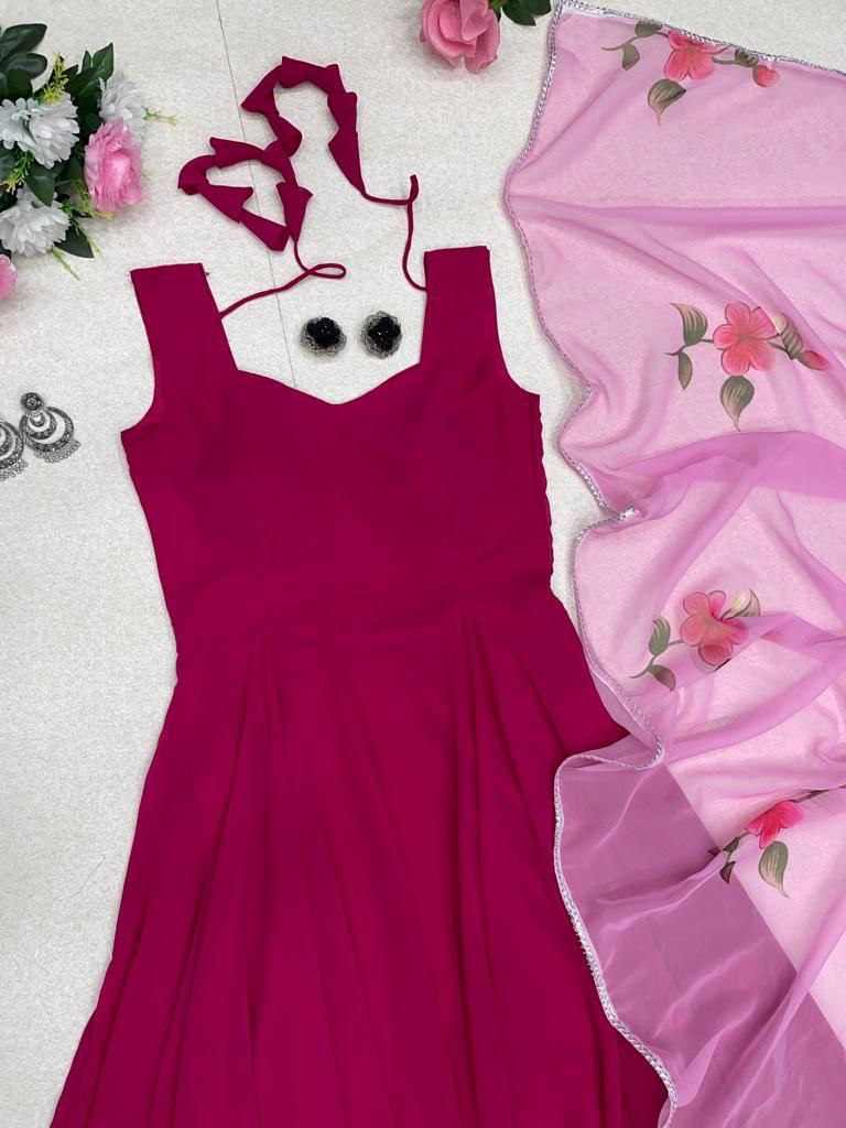 Enamoring Georgette Plain Gown With Floral Dupatta Set - Ethnicwish