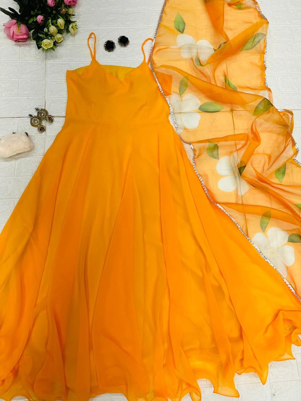 Resplendent Georgette Plain Gown With Floral Dupatta Set - Ethnicwish