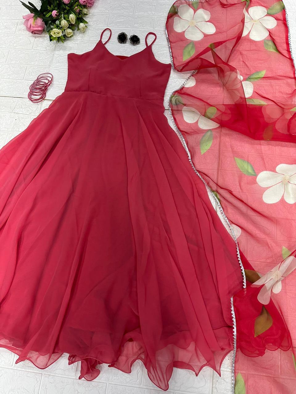 Resplendent Georgette Plain Gown With Floral Dupatta Set - Ethnicwish