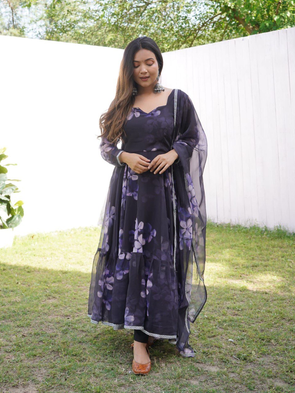 Enchanting Black Georgette Silk Stitched Floral Anarkali Pant Suit - Ethnicwish