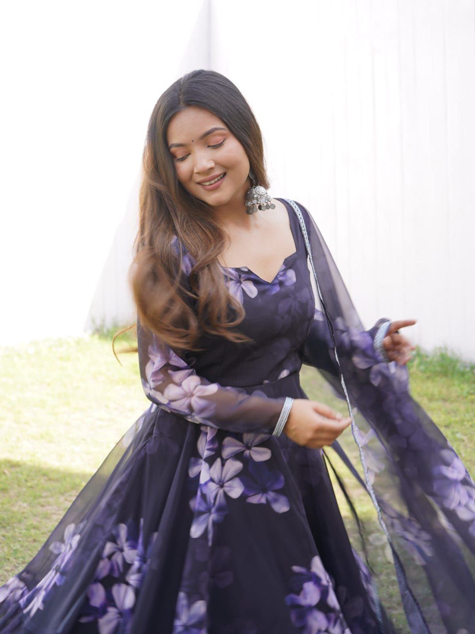 Enchanting Black Georgette Silk Stitched Floral Anarkali Pant Suit - Ethnicwish