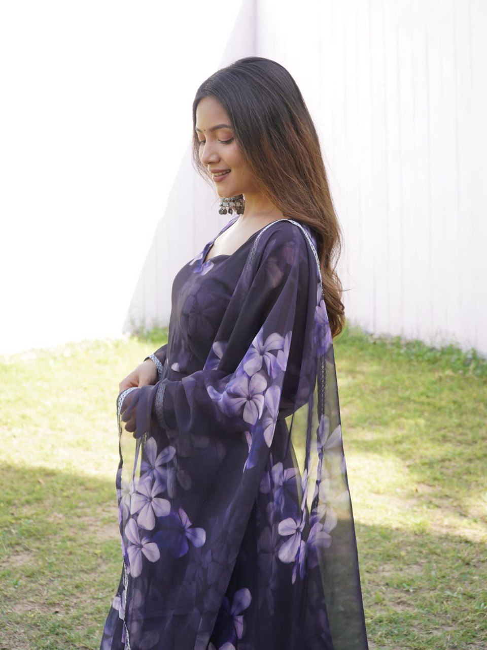 Enchanting Black Georgette Silk Stitched Floral Anarkali Pant Suit - Ethnicwish