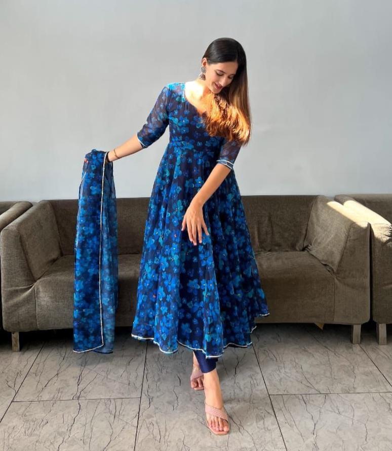 Gorgeous Blue Georgette Silk Floral Anarkali Pant Suit - Ethnicwish