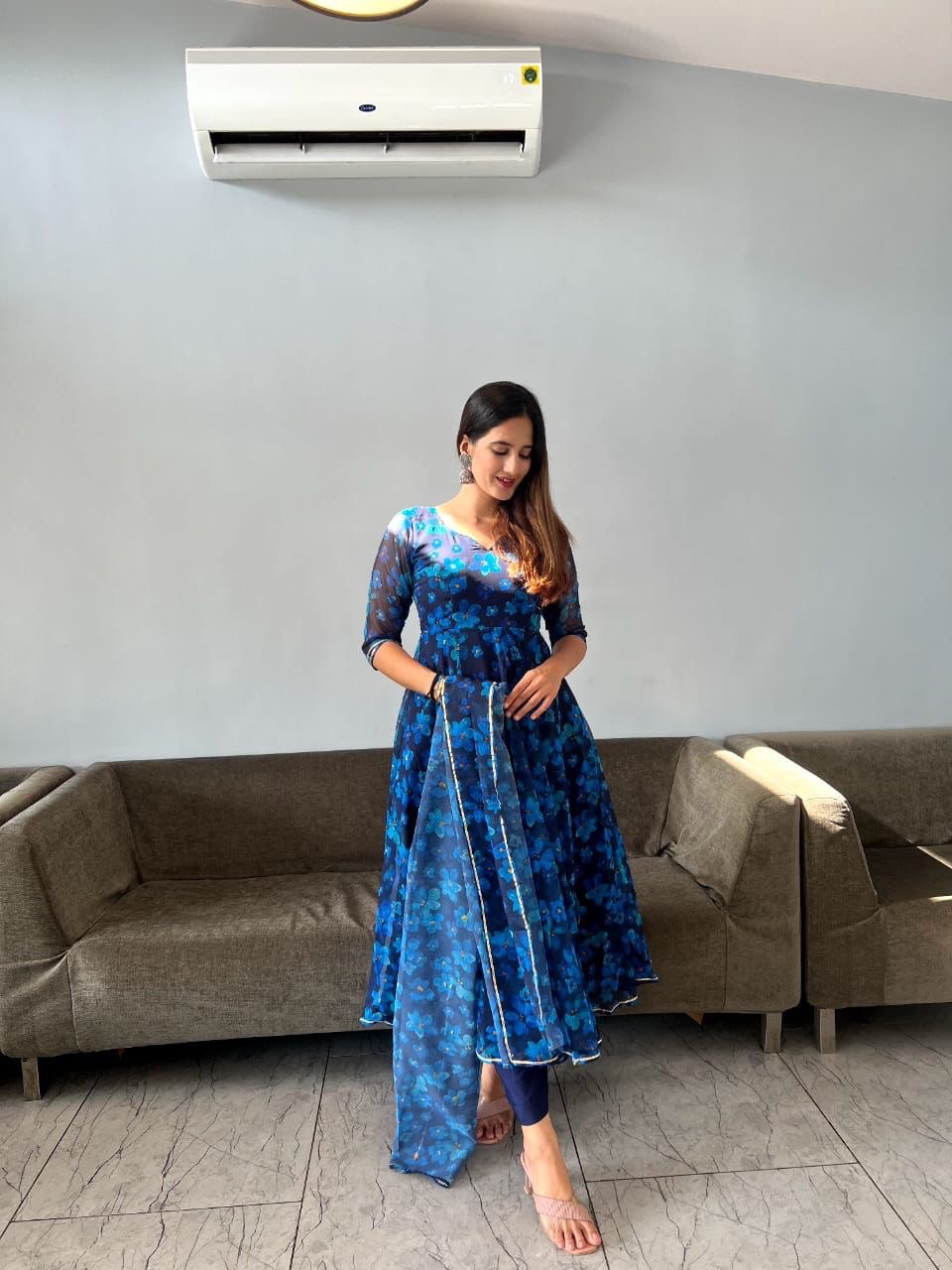 Gorgeous Blue Georgette Silk Floral Anarkali Pant Suit - Ethnicwish