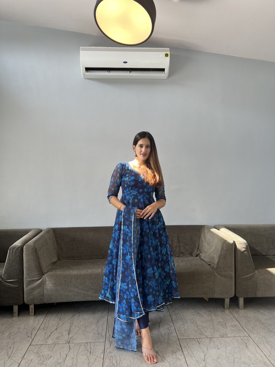 Gorgeous Blue Georgette Silk Floral Anarkali Pant Suit - Ethnicwish