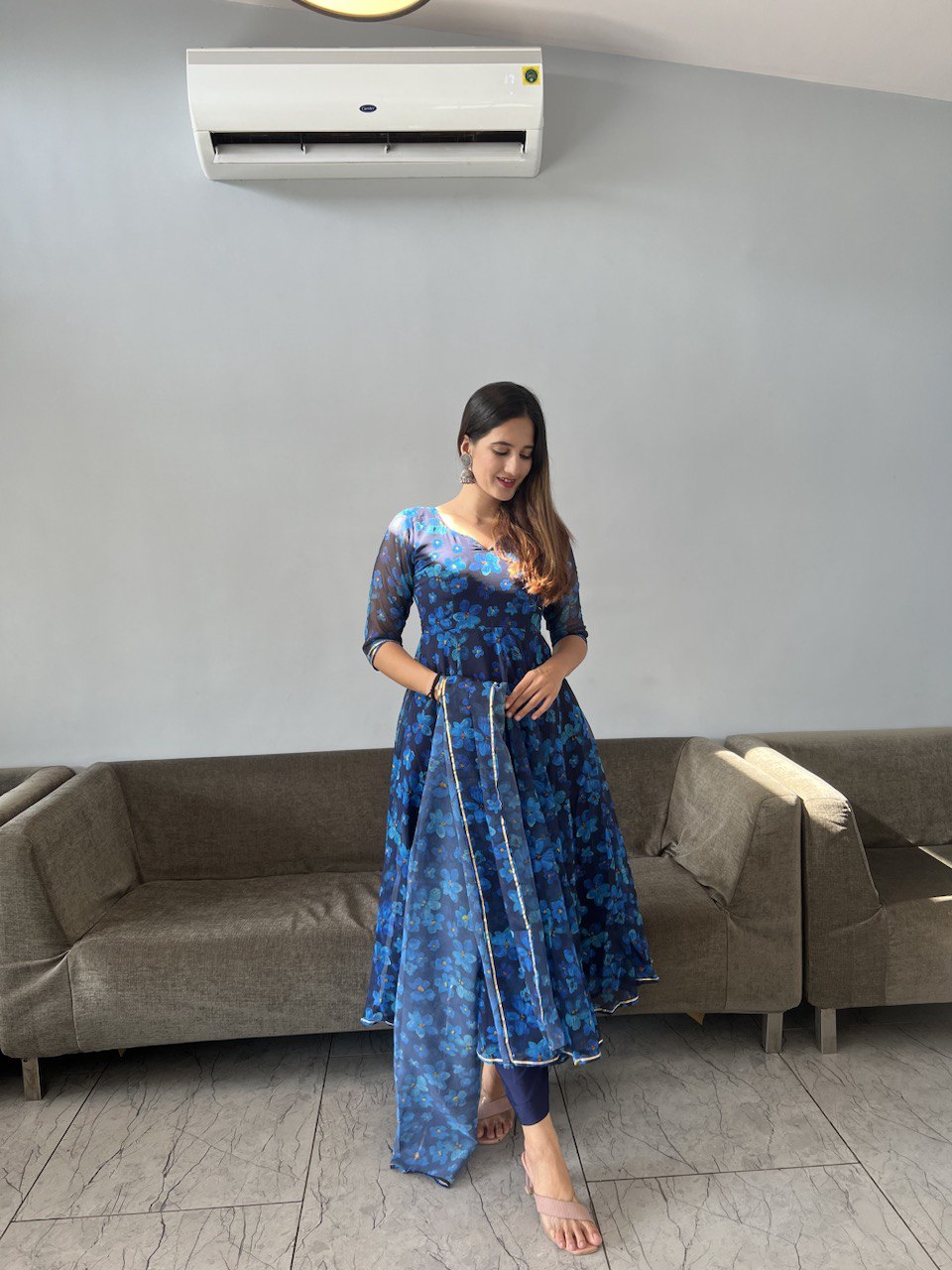 Gorgeous Blue Georgette Silk Floral Anarkali Pant Suit - Ethnicwish