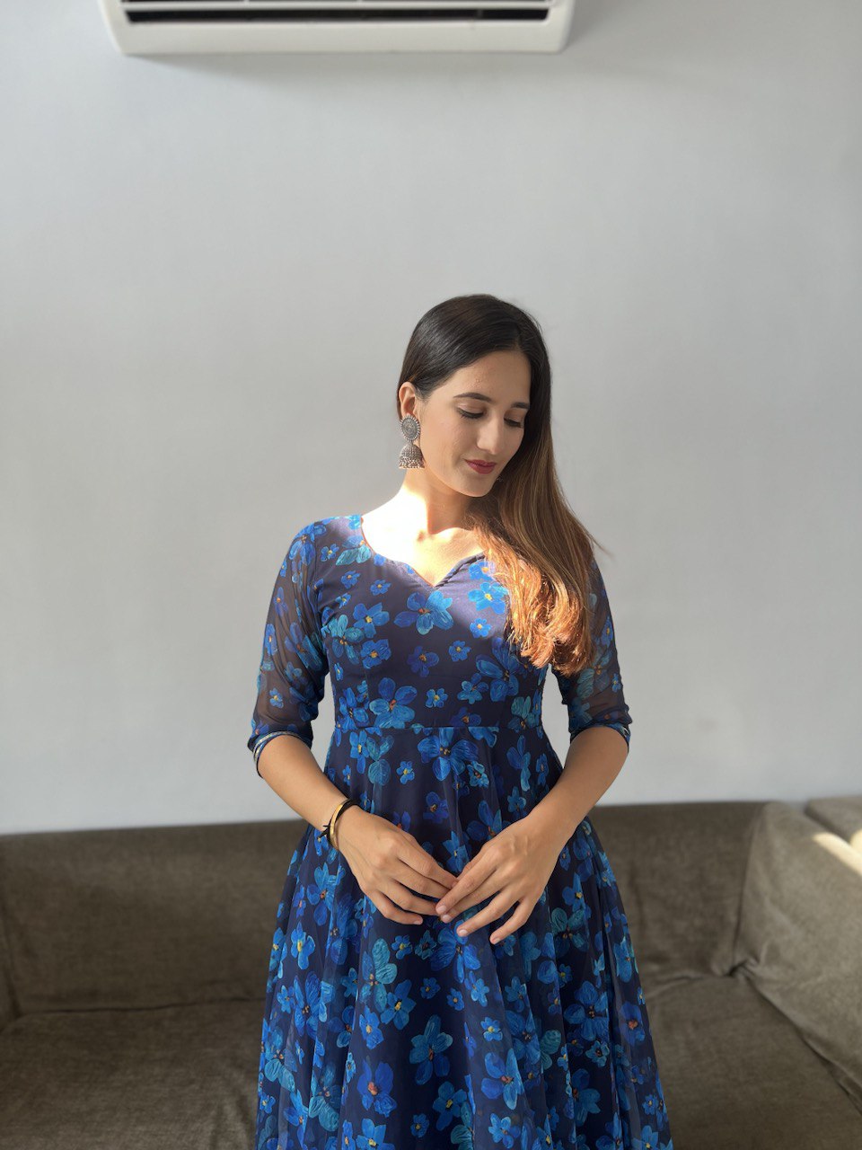 Gorgeous Blue Georgette Silk Floral Anarkali Pant Suit - Ethnicwish